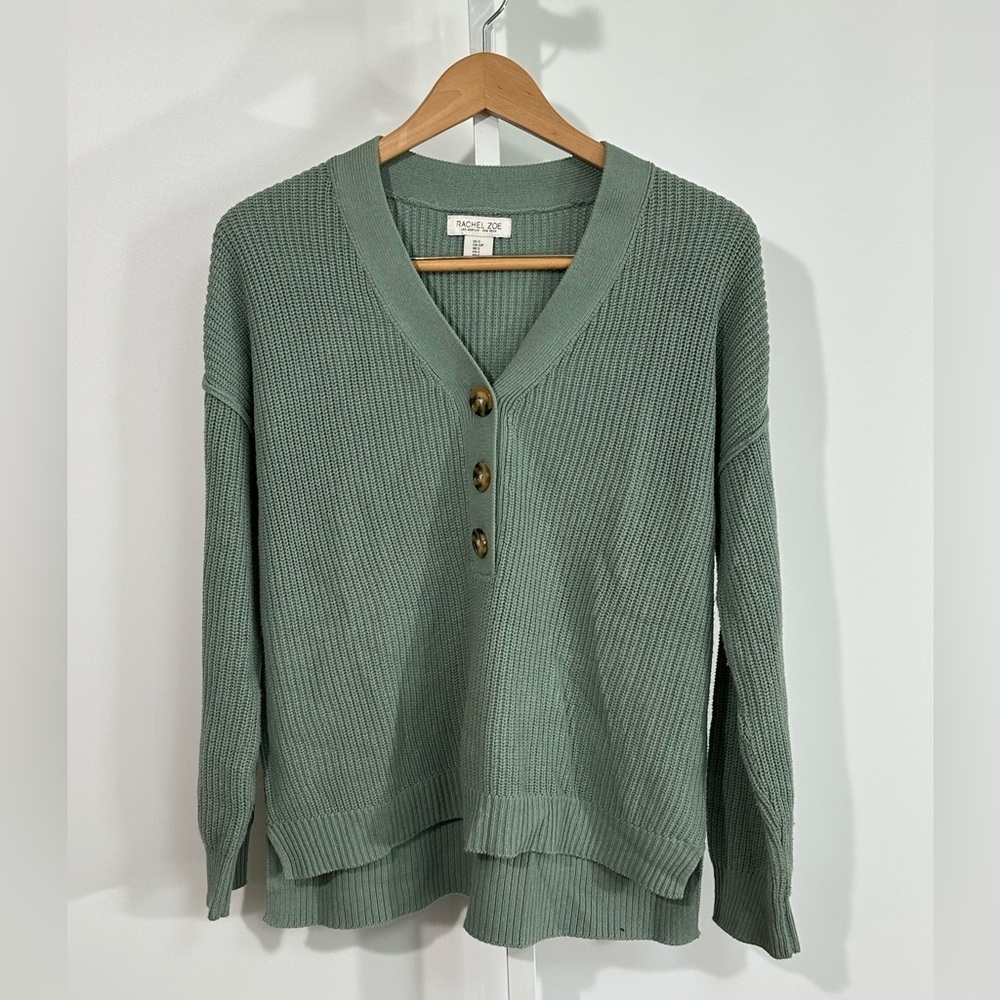 Rachel Zoe Sage Green Button Henley Sweater Women’s Small – Textured Rib Knit